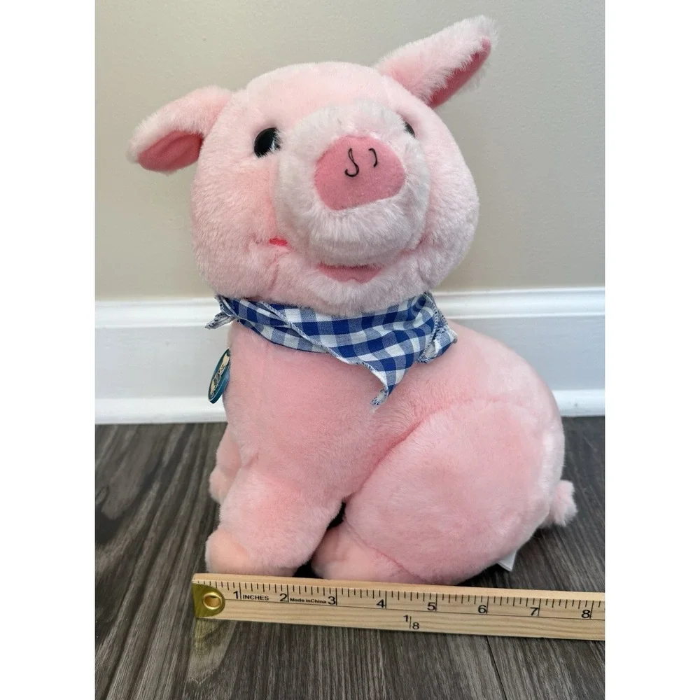 Vintage‎ 1986 Dakin Plush Pink Pig Sitting Stuffed Animal Blue Checkered Bandana